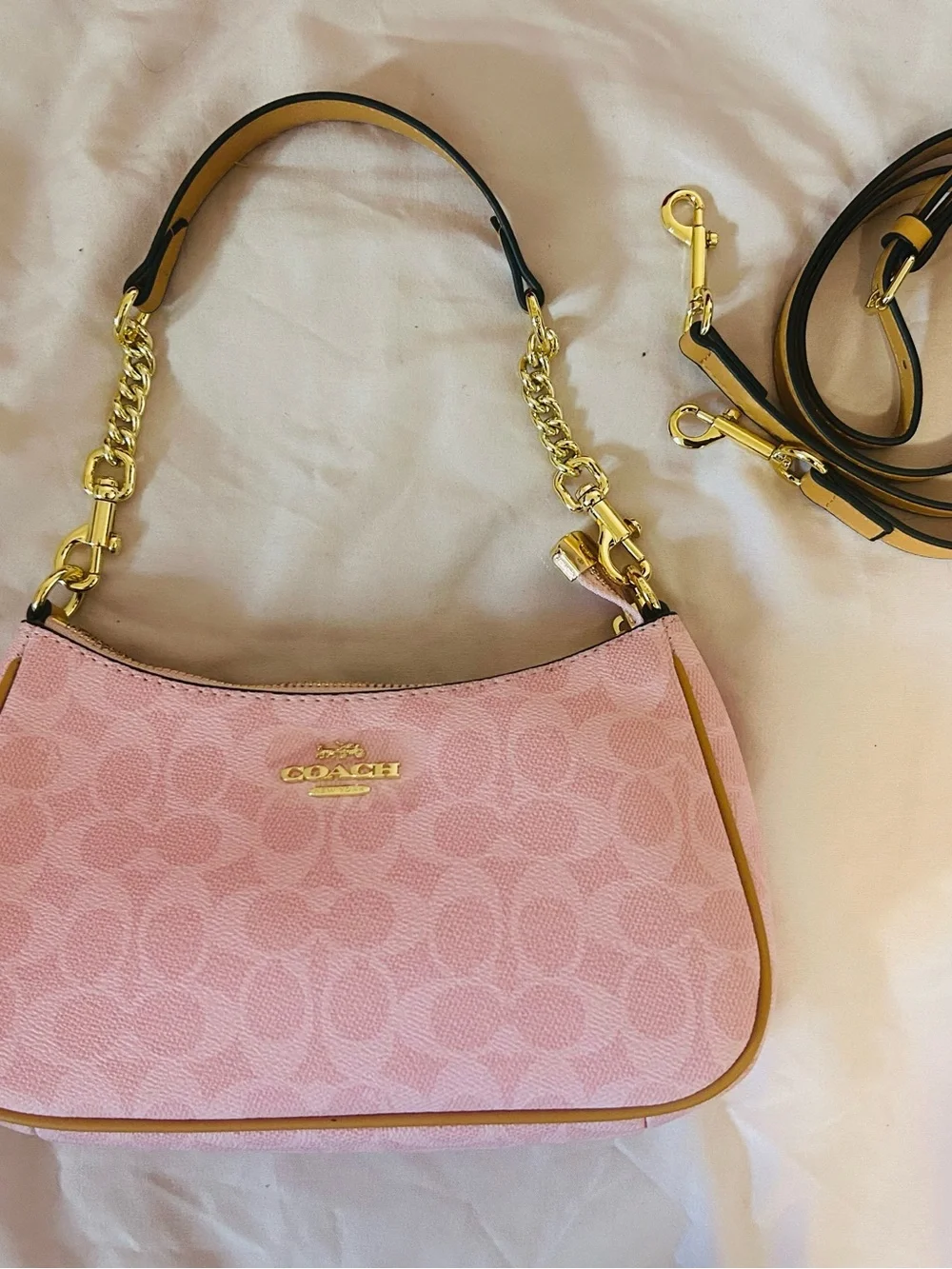 Coach Pink Signature Logo Shoulder Bag with Gold Hardware